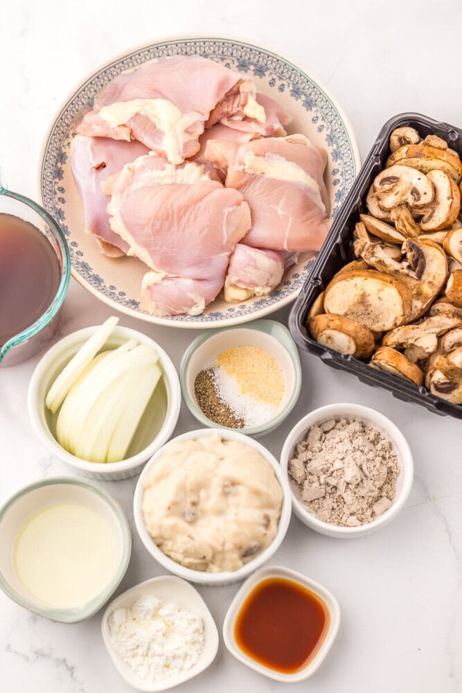 Slow cooker Salisbury chicken ingredients laid out - raw chicken, mushrooms, onions, seasonings, and sauces ready for preparation