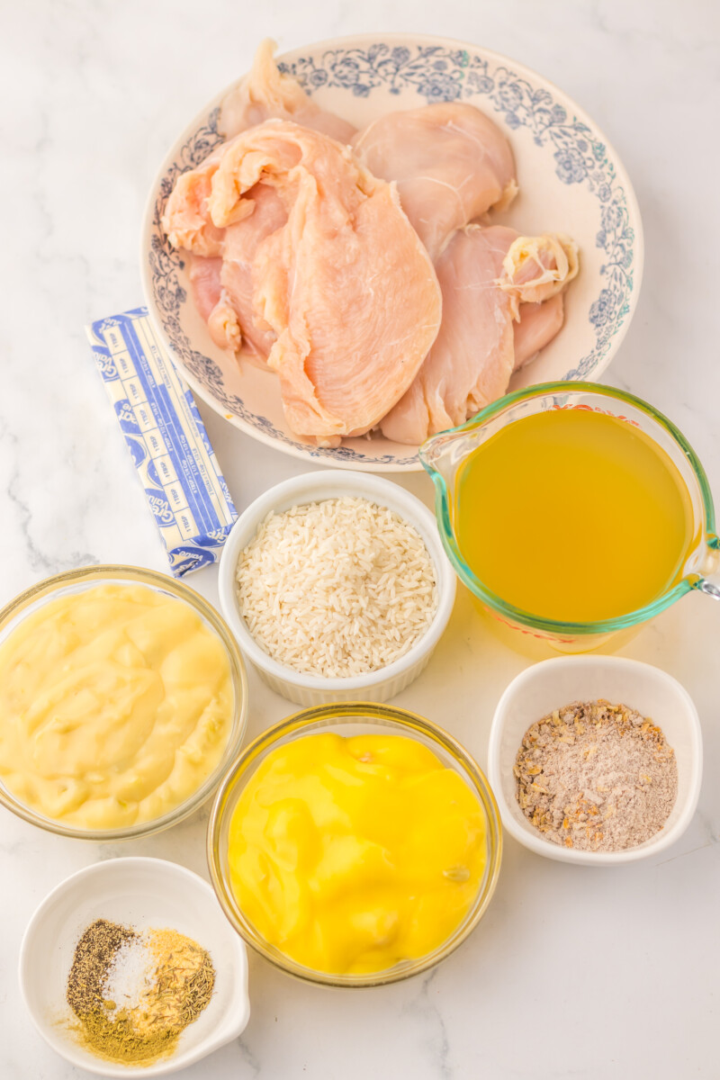 Ingredients for slow cooker stick of butter chicken and rice including raw chicken breasts, mayo, broth, rice, and seasonings