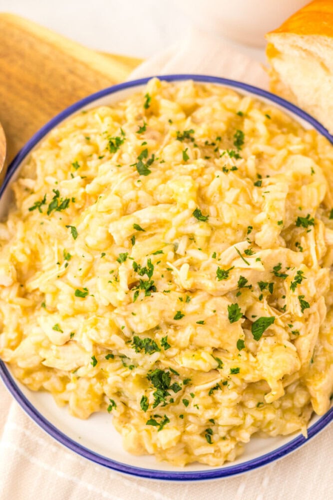 Slow cooker butter chicken and rice in blue-rimmed bowl garnished with parsley