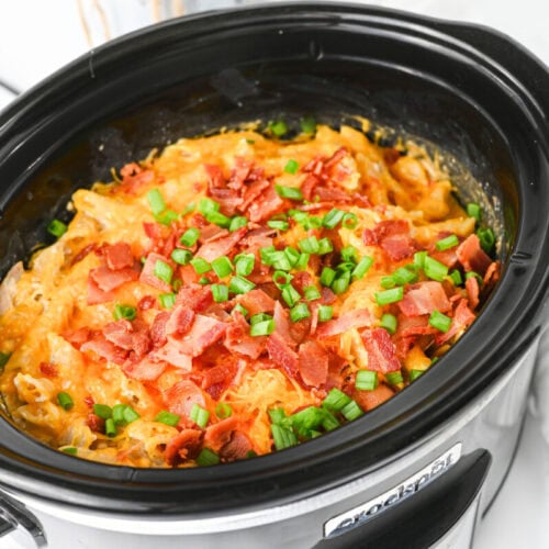 Crockpot crack chicken pasta with bacon and green onions in slow cooker