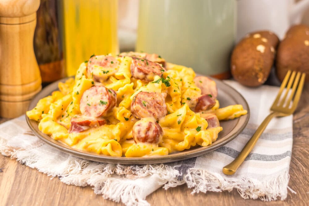 Slow Cooker Beer Cheese Sausage Pasta