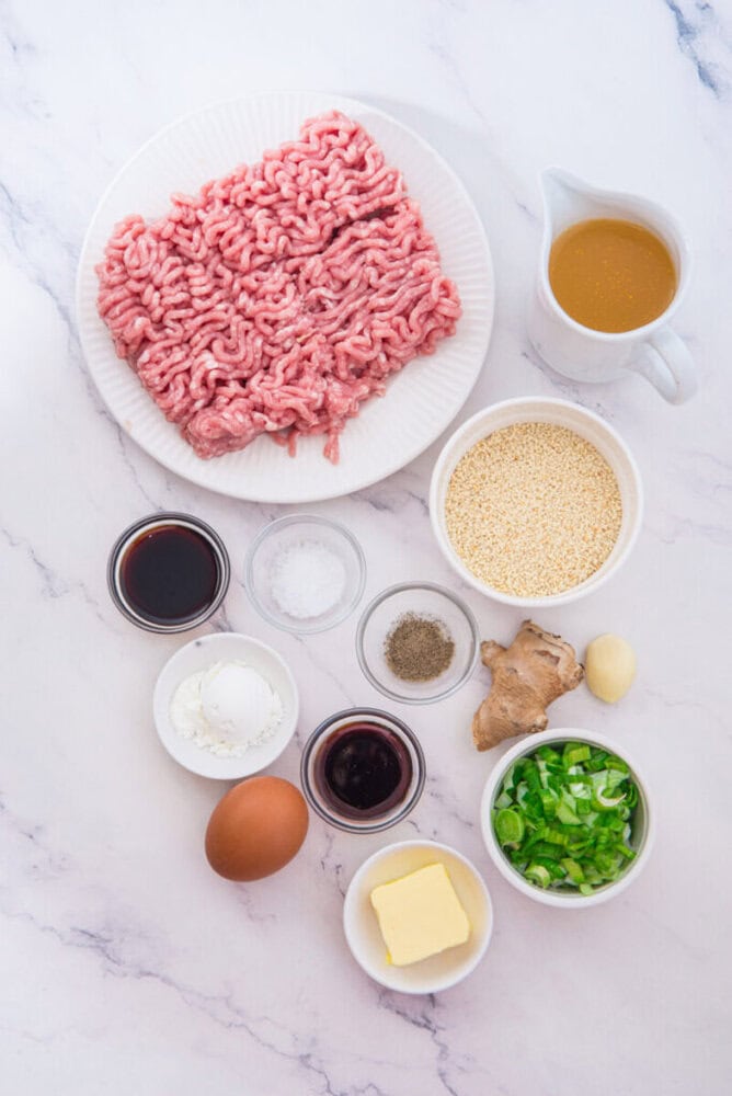 Pork meatball ingredients laid out including ground pork, breadcrumbs, egg, butter, soy sauce, ginger, garlic, green onions, and seasonings on marble surface