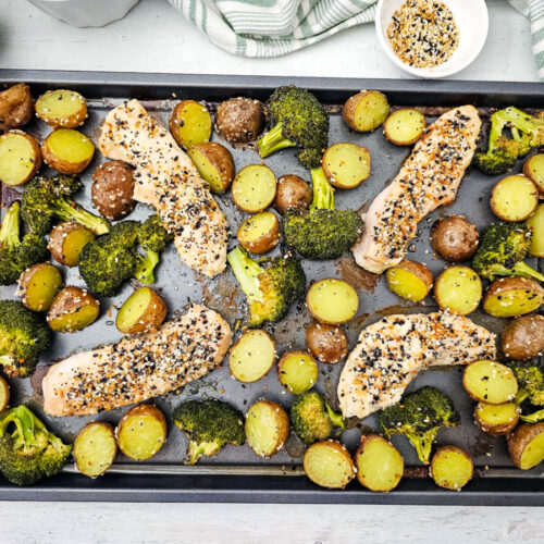 Sheet pan everything bagel chicken with roasted broccoli and potatoes