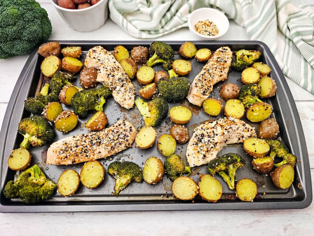 Sheet pan everything bagel chicken with roasted broccoli and potatoes