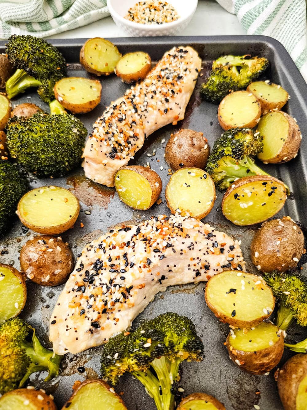 Sheet pan everything bagel chicken with roasted broccoli and potatoes
