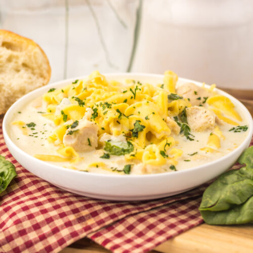 Slow cooker chicken Alfredo soup in white bowl with noodles, chicken, and fresh herbs garnish
