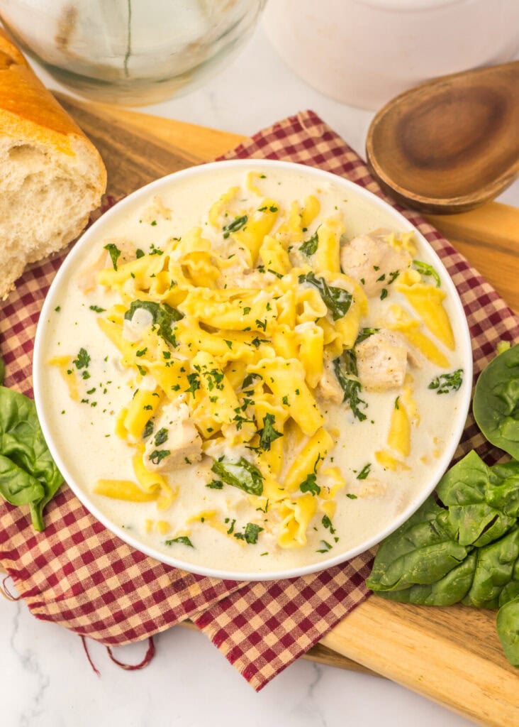 Slow cooker chicken Alfredo soup in white bowl with egg noodles, chicken, and fresh parsley garnish