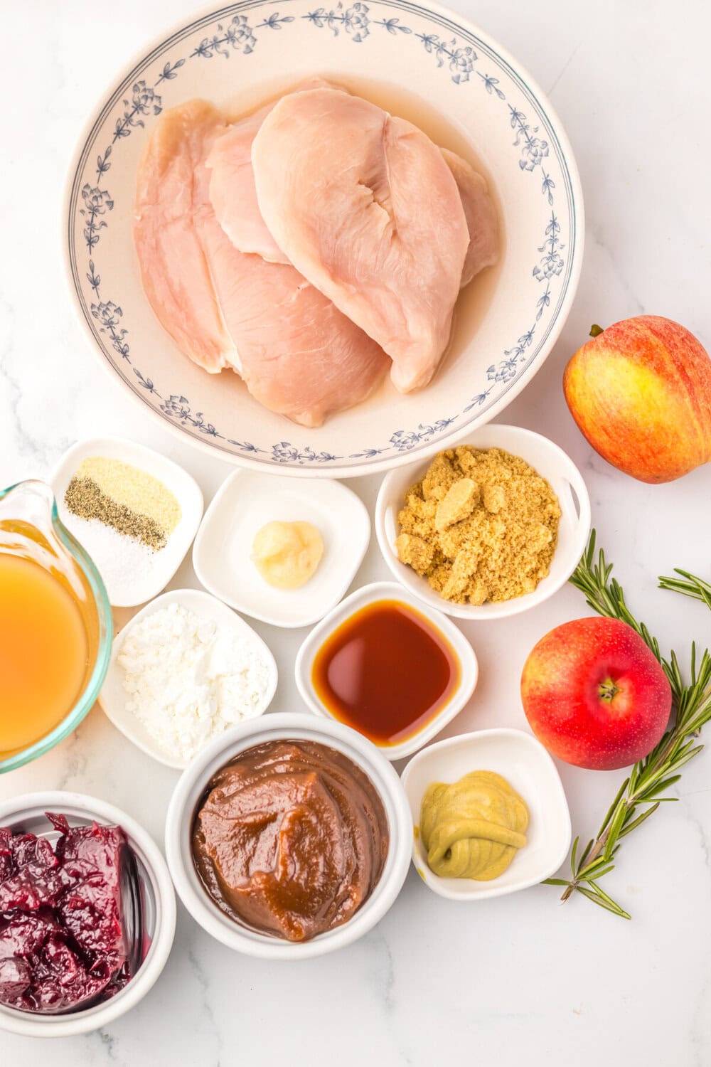 Slow cooker cranberry apple chicken ingredients laid out including raw chicken breasts, fresh apples, cranberry sauce, and seasonings