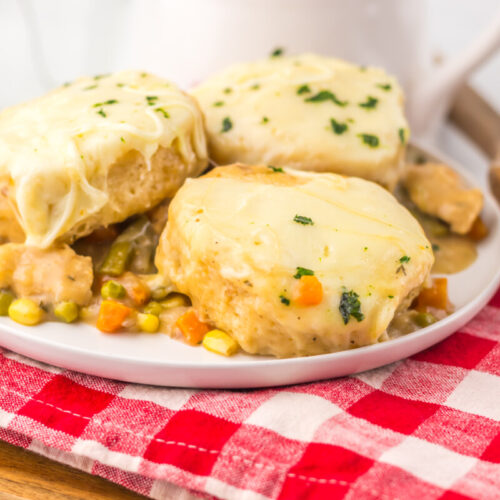Slow cooker French onion chicken pot pie with puff pastry crust and vegetables, plated and ready to serve